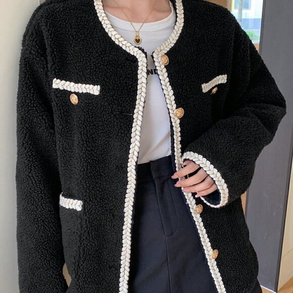 Black Preppy Womens Contrast Trim Drop Shoulder Teddy Jacket - Picture 4 of 6